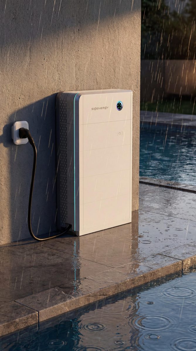 Sigenergy SigenStor 5-in-1 energy system installed outdoors beside a pool in the rain